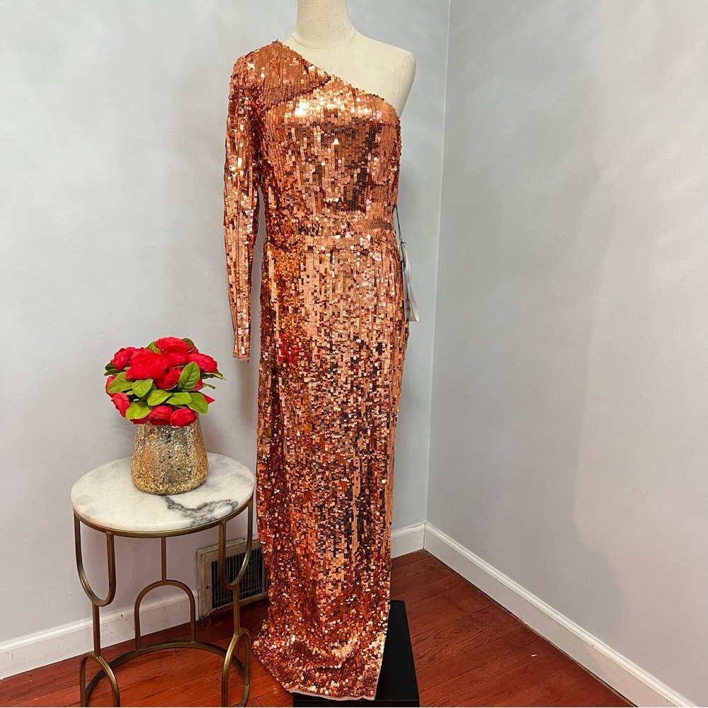 MAC DUGGAL Copper Long Sleeve One Shoulder Sequin Gown With Slit - New W/Tag - Picture 3 of 17
